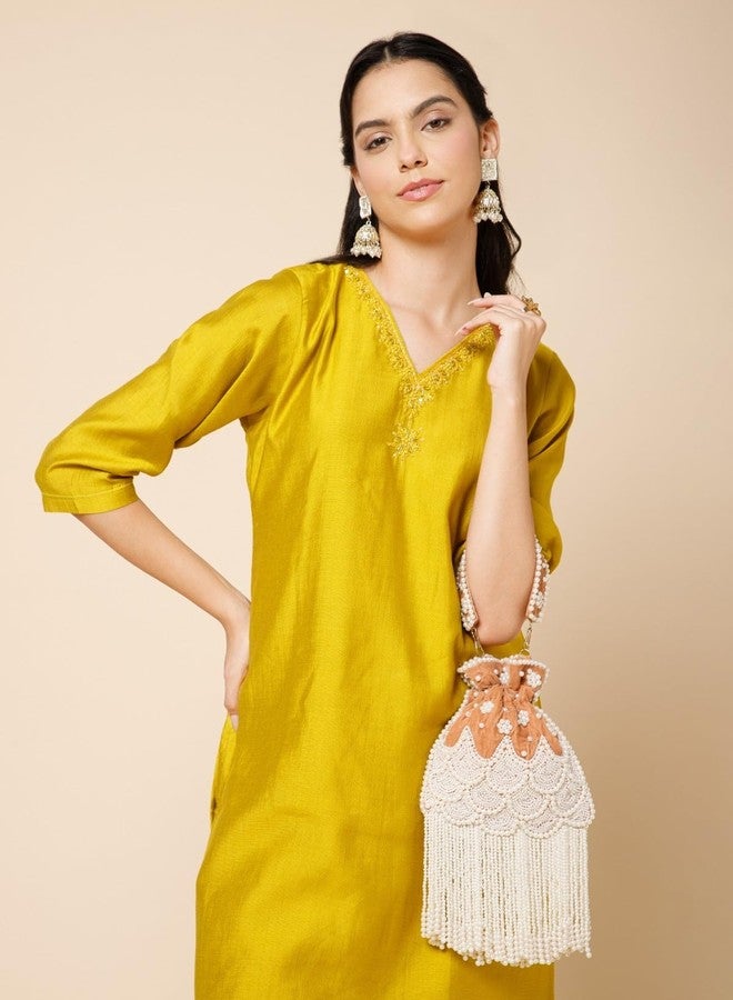 Anekaant Dewdrop Fringe Orange Velvet Embellished Potli For Women | Wedding & Festive Bag - Image 3